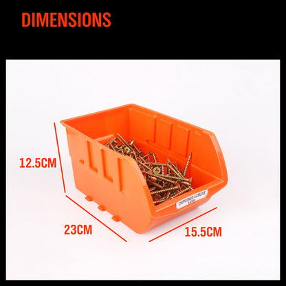 A stack of five 4Pc Parts Storage Bins Tool Organizer Rack Box Workshop Tray With Wall Mounted Board, featuring an open front for easy access to contents. The bins are positioned one on top of the other. Next to the stack is an organizer parts tray, a small black plastic tray with multiple cavities for detailed organization needs.