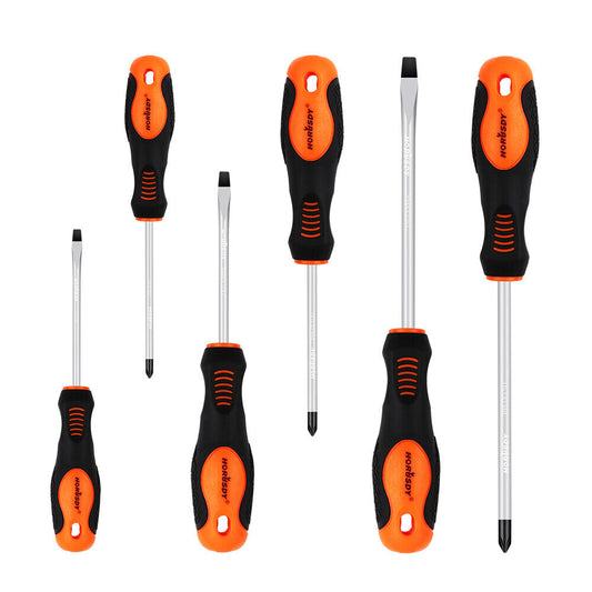 A HORUSDY 6Pc Magnetic Screwdriver Set Non-slip Handle Phillips Slotted Tool New with black handles and orange accents, crafted from durable chrome vanadium steel, arranged against a white background. The screwdrivers include different sizes and types, with both flat-head and Phillips-head magnetic tips for added convenience.