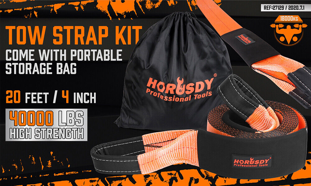 A Heavy Duty Recovery Tow Strap Kit 4" x 20Ft Snatch Straps - 18T/40,000LB Break Strength for Off-Roading Recovery and Hauling, labeled "HORUSDY Professional Tools," is neatly coiled next to a black storage bag with the same branding. The strap is orange with black reinforcements on the loops for added durability, making it perfect for off-road recovery.