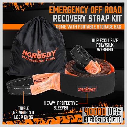 A Heavy Duty Recovery Tow Strap Kit 4" x 20Ft Snatch Straps - 18T/40,000LB Break Strength for Off-Roading Recovery and Hauling, labeled "HORUSDY Professional Tools," is neatly coiled next to a black storage bag with the same branding. The strap is orange with black reinforcements on the loops for added durability, making it perfect for off-road recovery.