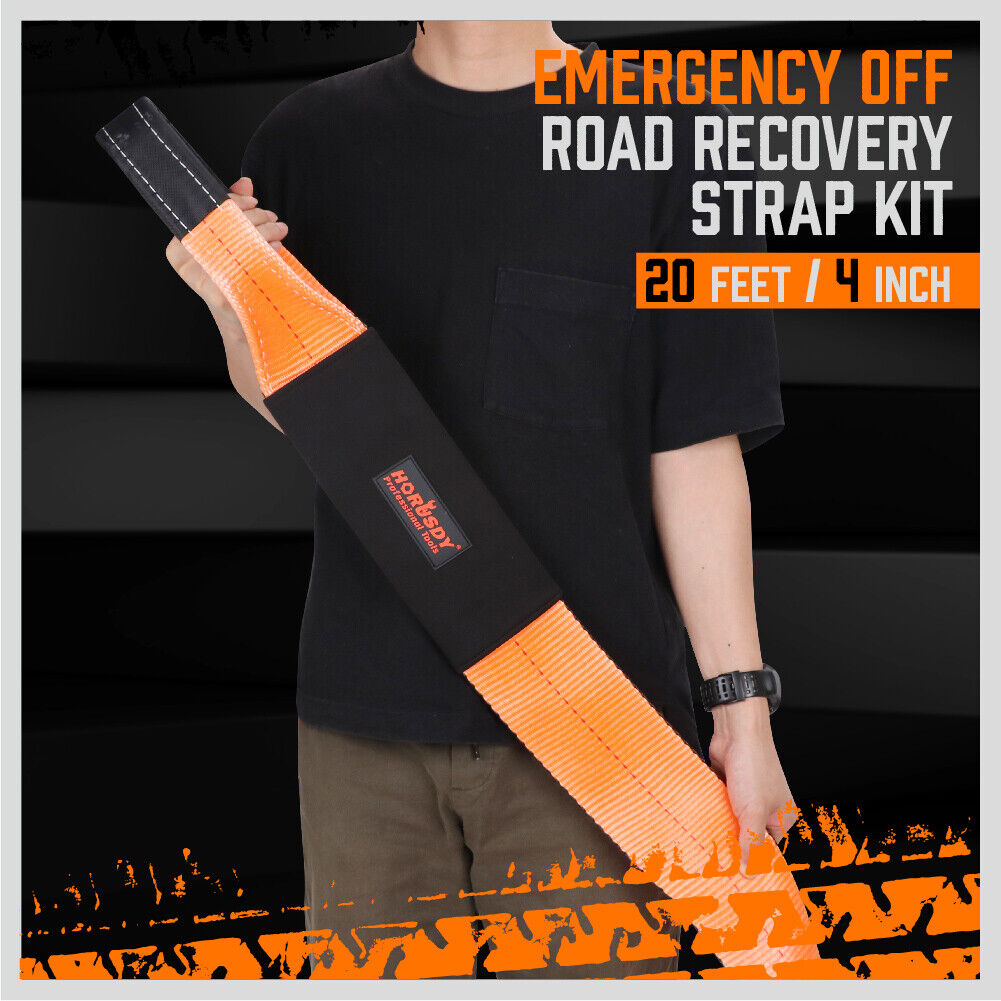 A Heavy Duty Recovery Tow Strap Kit 4" x 20Ft Snatch Straps - 18T/40,000LB Break Strength for Off-Roading Recovery and Hauling, labeled "HORUSDY Professional Tools," is neatly coiled next to a black storage bag with the same branding. The strap is orange with black reinforcements on the loops for added durability, making it perfect for off-road recovery.