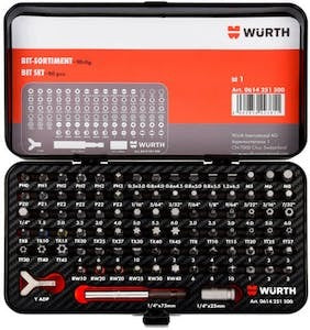 An open Wurth Universal 90pc Drill Bit Set - Assortment displaying a variety of bits organized in a black and red plastic case. The lid shows a diagram of bit sizes and types, ensuring universal compatibility. The bottom section neatly holds numerous bits and tools, with the Wurth logo prominently visible.