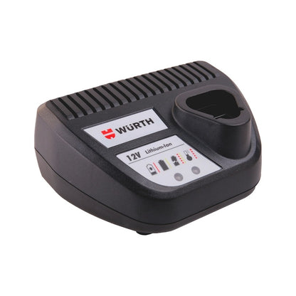 A black Wurth 12V Lithium Ion Battery Charging Dock Station Charger 240V for Milawaukee Batteries with a slot for the battery on the top right. The charger features a red Würth logo and branding on the front, along with indicator lights for charging status. Designed for universal compatibility and rapid charging, ensuring efficient performance.