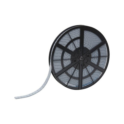 Black plastic spool with a roll of white, perforated material partially unrolled. The spool has a central hub and radial spokes, reminiscent of aluminium rims. The material on the spool appears to be a flexible, segmented strip that resembles Wurth 1000pcs Roll of Wheel Balance Weights Stick-On Adhesive Car (5g).