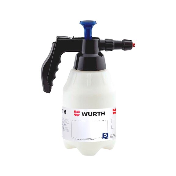 A Wurth Perfect Foam Pressure Sprayer Cleaner Pump Spray Bottle 1.5L with a white body, black handle and nozzle, and blue trigger. The bottle features the WÜRTH logo and branding in red and black on a label wrapped around its body, perfect for applying car cleaning foam or alkaline cleaners.