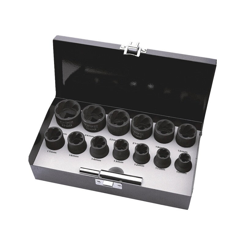 A black box containing a **14pcs Wurth 1/2" Spiral Twist Socket Nut Set Kit Ratchet Wrench** of different sizes, positioned in two rows inside the box. Made from durable chrome molybdenum steel, each tool is neatly arranged and labeled with its size in millimeters—perfect for use in automotive workshops.