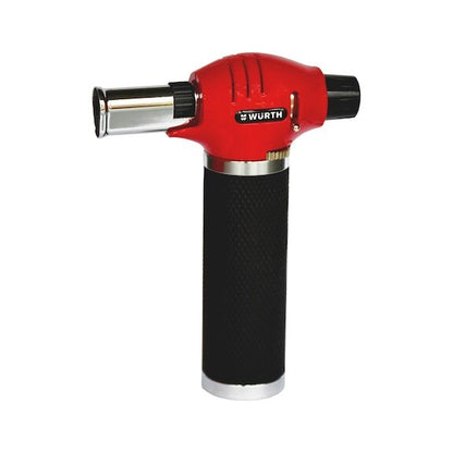 A Wurth Outdoors Firefast Blow Torch Self Igniting Soldering Flame Starter - No Butane with a red and black body, featuring a cylindrical black grip with a silver bottom and red top with a silver nozzle. The brand "Wurth" is visible on the red section. It includes piezo ignition for easy lighting and comes with a refillable butane gas tank.