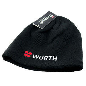 A Wurth Beanie Hat with 3M Thinsulate Lining - Black with the Würth logo embroidered in white and red on the front. Featuring a cozy Thinsulate lining, it also has a small black tag with the "Thinsulate" logo attached to the top.