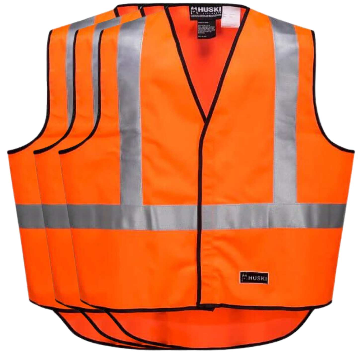 Three **3x HUSKI Hi Vis Patrol Vest 3M Tape Safety Workwear High Visibility Bulk - Orange - 3XL** made with cooling mesh fabric and featuring horizontal and vertical reflective grey stripes. The brand name "Huski" is visible on the label near the collar and at the bottom front of the vests.