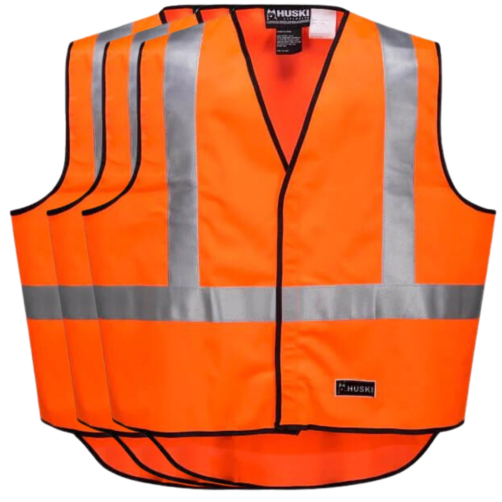 Three 3x HUSKI Hi Vis Patrol Vest 3M Tape Safety Workwear High Visibility Bulk - Orange - M are pictured. The front vest features a "Huski" brand label at the top and bottom. They are designed for safety purposes, Day/Night compliant, and are arranged in a stack.