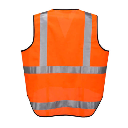 Three 3x HUSKI Hi Vis Patrol Vest 3M Tape Safety Workwear High Visibility Bulk - Orange - M are pictured. The front vest features a "Huski" brand label at the top and bottom. They are designed for safety purposes, Day/Night compliant, and are arranged in a stack.