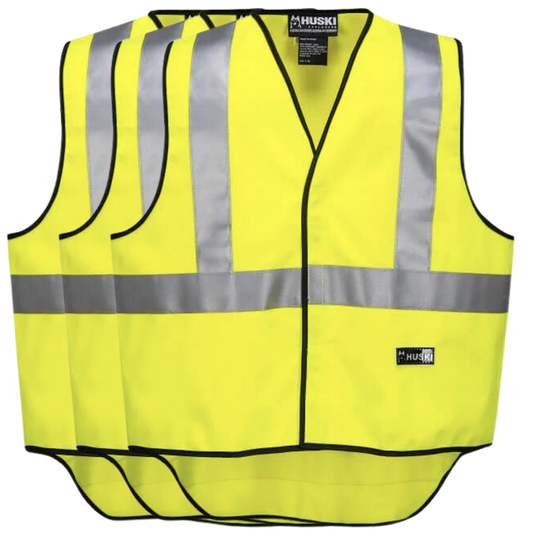 Three overlapping 3x HUSKI Hi Vis Patrol Vest 3M Tape Safety Workwear High Visibility Bulk - Yellow - L made from cooling mesh fabric with 3M reflective tape and black edging are displayed. The "Huski" logo adorns the upper left front of each vest.