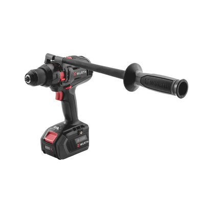 A black and red Wurth Cordless Impact Drill Driver Wrench Rattle Hammer ABS 18 Power Combi M-Cube with an auxiliary side handle. This robust design features a brushless EC motor, delivering a torque of 140 Nm. The drill has a battery pack at the base and prominently displays the Würth logo.