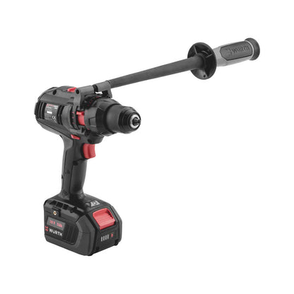 A black and red Wurth Cordless Impact Drill Driver Wrench Rattle Hammer ABS 18 Power Combi M-Cube with an auxiliary side handle. This robust design features a brushless EC motor, delivering a torque of 140 Nm. The drill has a battery pack at the base and prominently displays the Würth logo.