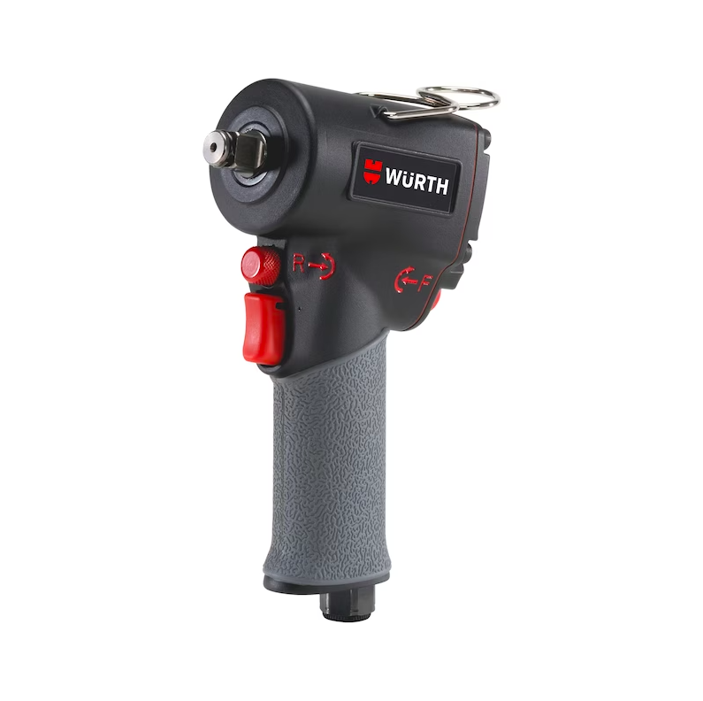 A compact and powerful, black Wurth Pneumatic Impact Screwdriver Compact Gun type Power Tool with a gray rubberized handle and red trigger. The wrench features a logo with the brand name "Würth" on the side and includes a metal hook for hanging. It has forward/reverse direction controls labeled with red icons.