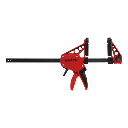 An adjustable 300mm Wurth Quick-Grip One Handed Bar Clamp F Clamp Hand Trigger Action Clamp with ergonomic red and black handles, branded "Wurth." The clamp features a metal bar with a trigger mechanism for tightening and an adjustable jaw, offering high flexibility for secure clamping of various objects.