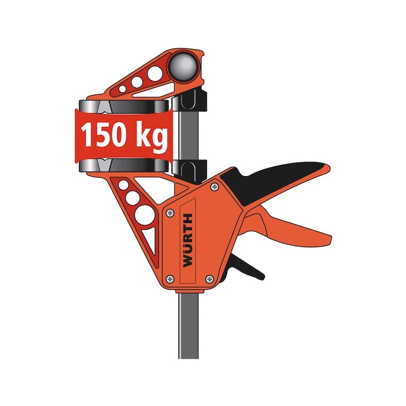 The 450mm Wurth Quick-Grip One Handed Bar Clamp F Clamp Hand Trigger Action Clamp, featuring a red and black design, boasts a 150 kg clamping force. It has an ergonomic handle and a long, flat metal bar with adjustable arms on each end, perfect for securely holding objects during woodworking or metalworking projects.