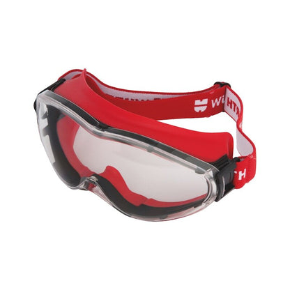 A pair of Wurth Wrap Around Andromeda® Safety Glasses Clear Lens Work Workwear with a red adjustable strap. The strap has black and white accents and features white text. These high impact-resistant goggles are designed to provide eye protection, including UV protection, in environments where safety is a concern.