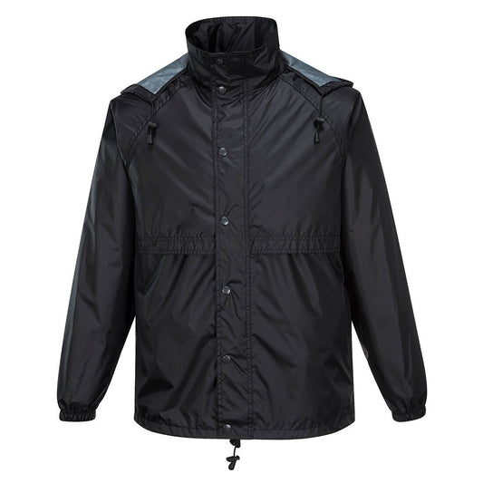 A sleek black HUSKI STRATUS RAIN JACKET Waterproof Workwear Concealed Hood Windproof Packable - Black - 4XL with a high collar, hood, and long sleeves. This 100% waterproof jacket features snap buttons and a drawstring at the hem for adjustment, along with two front pockets with flaps. The fabric's shiny appearance highlights its water-resistant material and wind-resistant design.