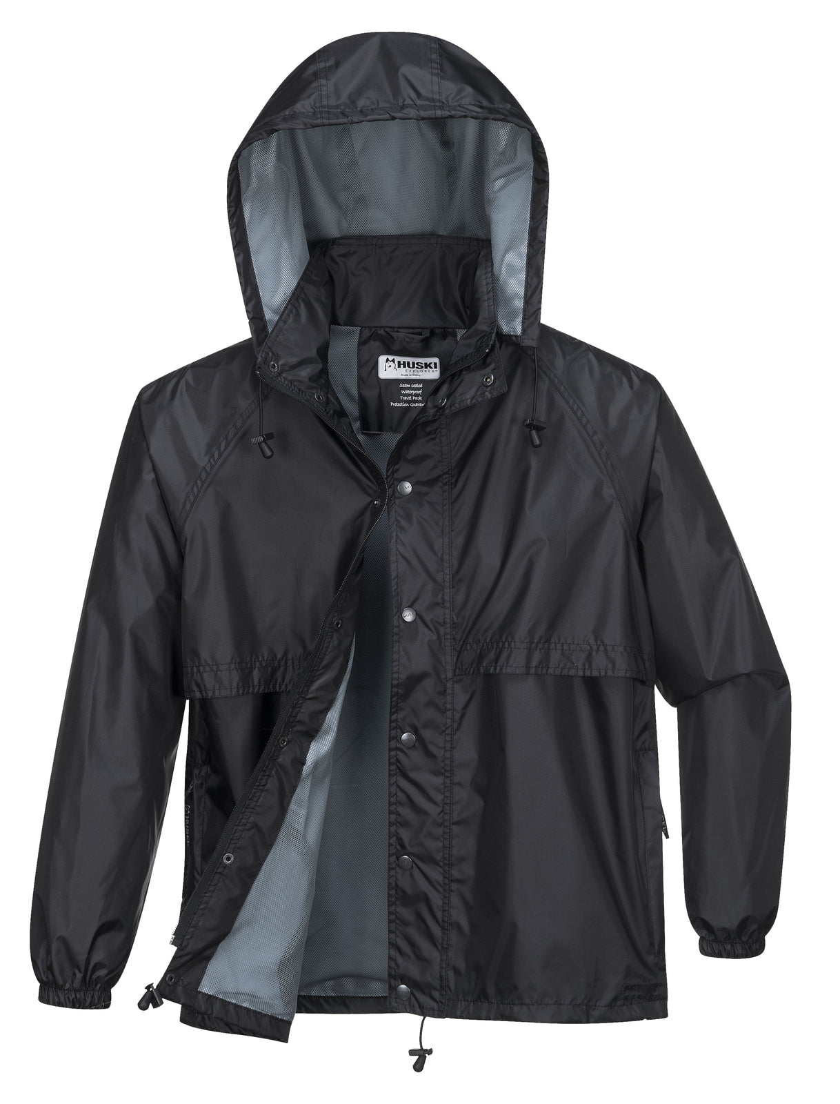 A HUSKI STRATUS RAIN JACKET Waterproof Workwear Concealed Hood Windproof Packable - Black - 5XL with a high collar and drawstring adjustments at the hem and hood. The waterproof jacket features snap button closures, elastic cuffs, and two large front pockets. The overall design is simple and functional, made for wet weather conditions.