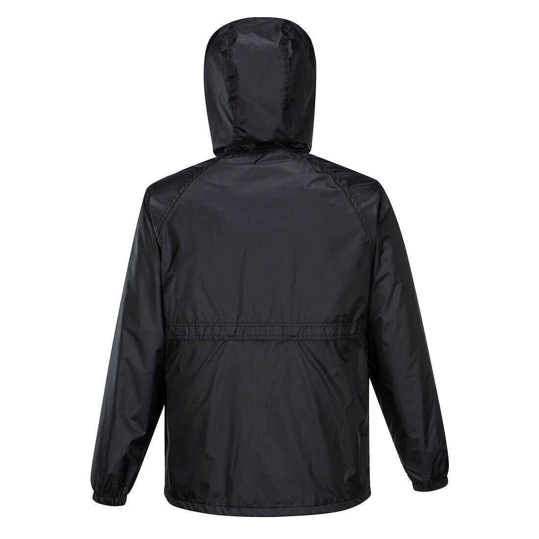 A HUSKI STRATUS RAIN JACKET Waterproof Workwear Concealed Hood Windproof Packable - Black - 5XL with a high collar and drawstring adjustments at the hem and hood. The waterproof jacket features snap button closures, elastic cuffs, and two large front pockets. The overall design is simple and functional, made for wet weather conditions.