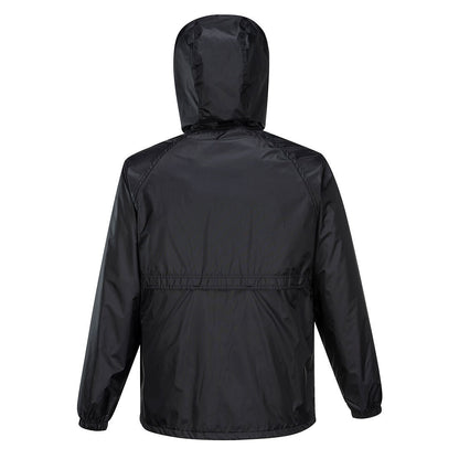 A HUSKI STRATUS RAIN JACKET Waterproof Workwear Concealed Hood Windproof Packable - Black - 5XL with a high collar and drawstring adjustments at the hem and hood. The waterproof jacket features snap button closures, elastic cuffs, and two large front pockets. The overall design is simple and functional, made for wet weather conditions.