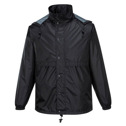 A HUSKI STRATUS RAIN JACKET Waterproof Workwear Concealed Hood Windproof Packable - Black - XXL with a high collar and adjustable hood. The packable jacket features a button-up front, zippered pockets, and elastic cuffs. The material has a slightly glossy finish.