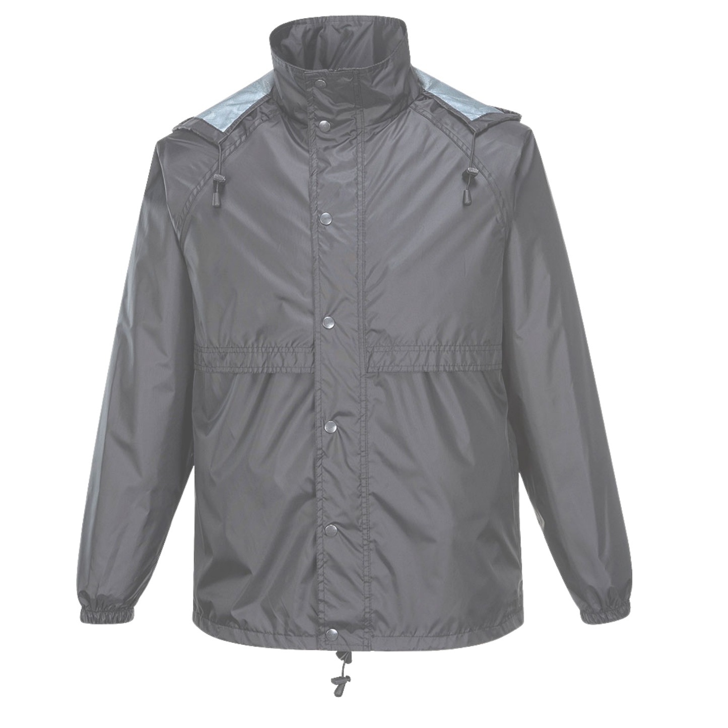 A black, lightweight, hooded HUSKI STRATUS RAIN JACKET Waterproof Workwear Concealed Hood Windproof Packable - Charcoal - S with a high collar and adjustable drawstrings at the hood and hem. This packable jacket features a front zipper and snap-button closure, side pockets, and elasticized cuffs. It is waterproof and wind resistant, displayed on a plain white background.