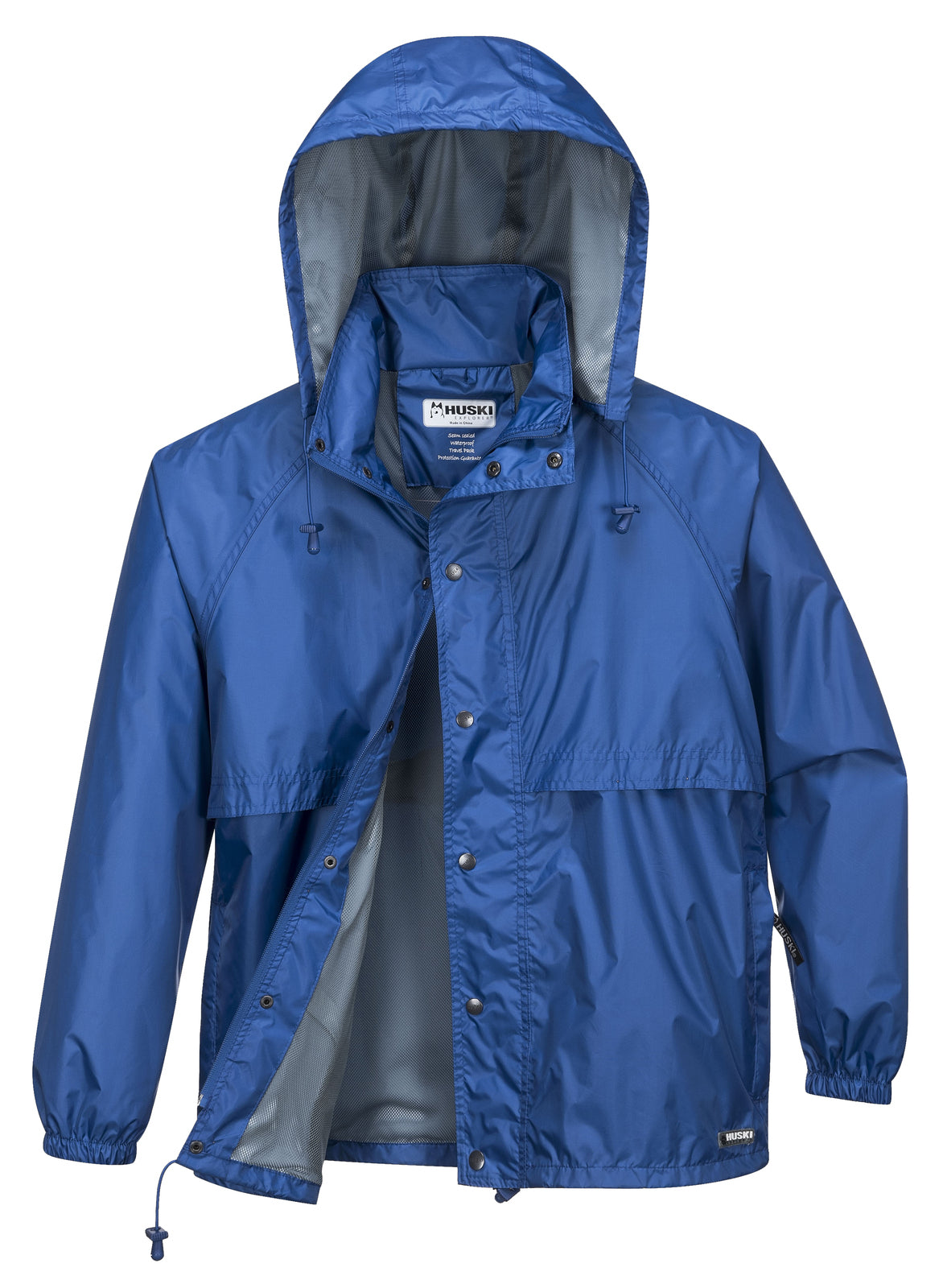 A HUSKI STRATUS RAIN JACKET Waterproof Workwear Concealed Hood Windproof Packable - Cobalt - 3XL with an attached hood and front zipper closure covered by a snap-button storm flap. The wind-resistant jacket features elastic cuffs, adjustable drawstrings at the hem and hood, and ventilated back and underarm panels. The label reads "MUSKI.