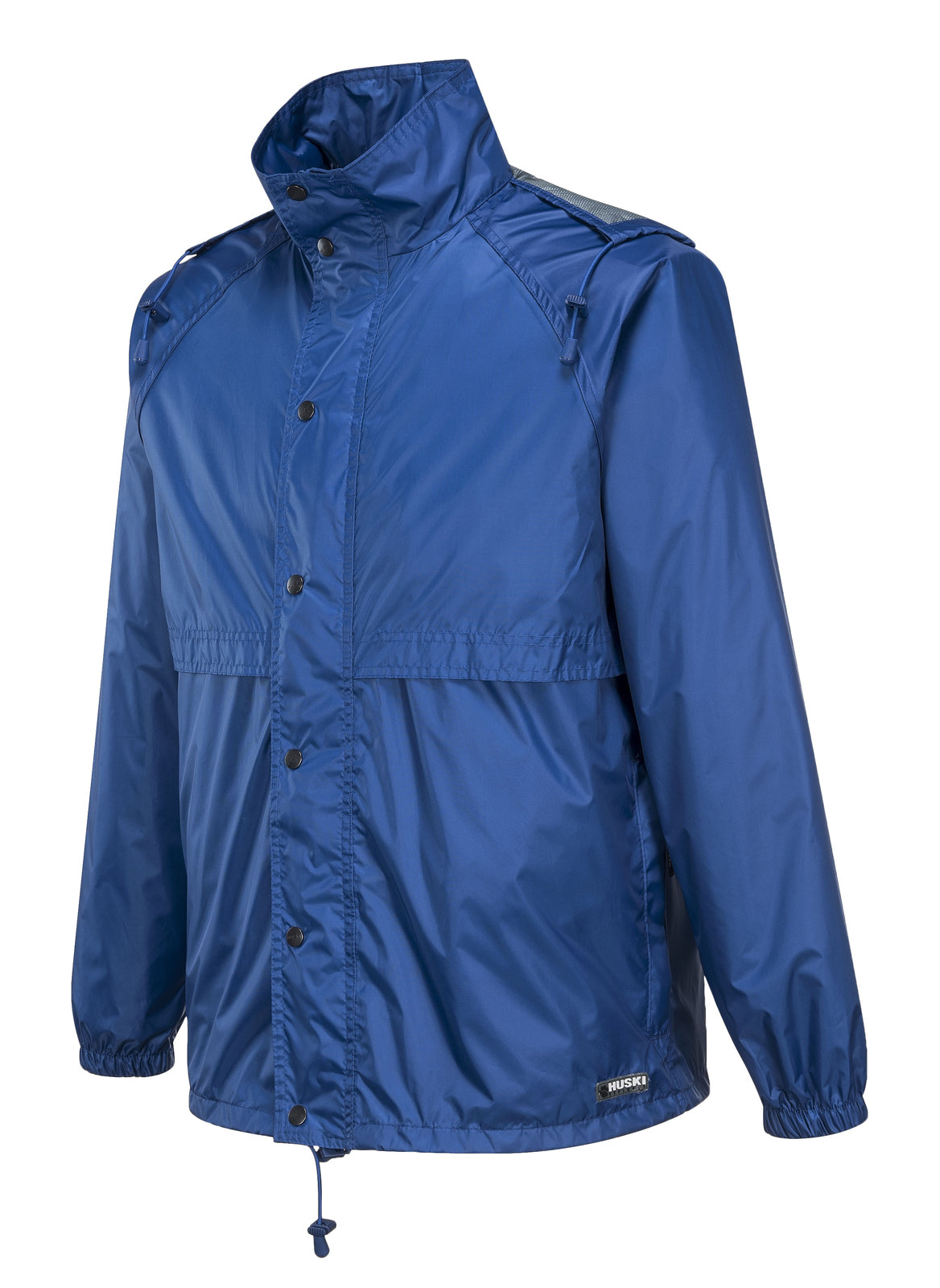 A HUSKI STRATUS RAIN JACKET Waterproof Workwear Concealed Hood Windproof Packable - Cobalt - 3XL with an attached hood and front zipper closure covered by a snap-button storm flap. The wind-resistant jacket features elastic cuffs, adjustable drawstrings at the hem and hood, and ventilated back and underarm panels. The label reads "MUSKI.