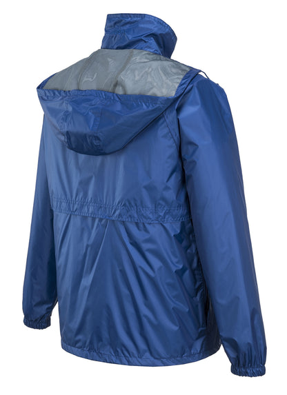 A HUSKI STRATUS RAIN JACKET Waterproof Workwear Concealed Hood Windproof Packable - Cobalt - L with a hood, gray inner lining, and front snap buttons is displayed. This packable jacket features adjustable drawstrings at the hood and hem, elastic cuffs, and ventilation openings at the back and underarm areas for breathability. Moreover, it’s waterproof and wind-resistant.