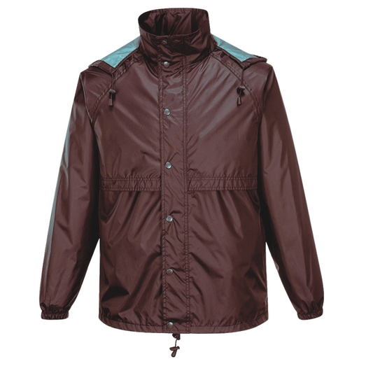 A HUSKI STRATUS RAIN JACKET Waterproof Workwear Concealed Hood Windproof Packable - Garnet Red - S made of shiny waterproof material. This wind-resistant jacket features snap buttons down the front, two large chest pockets, elastic cuffs, and adjustable drawstrings at the hem and hood. Plus, it’s a packable jacket for easy storage on the go.