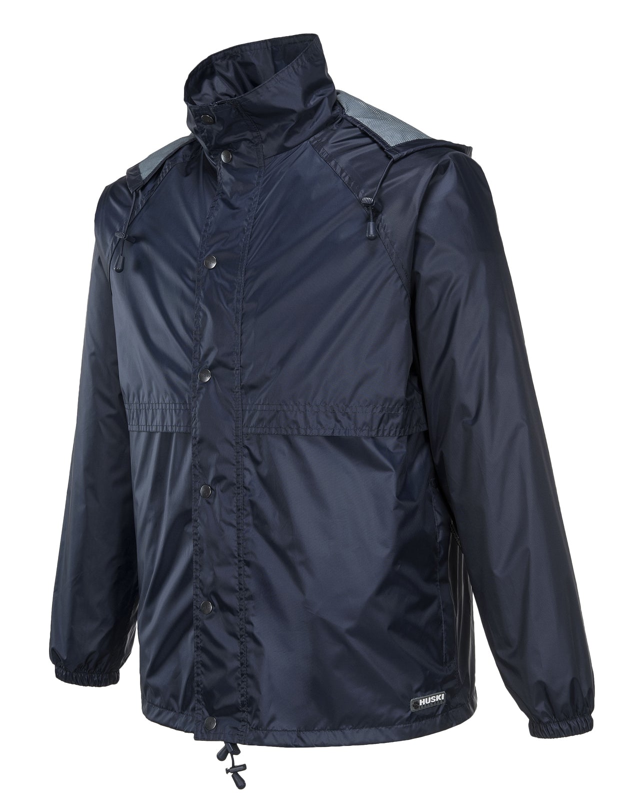 A HUSKI STRATUS RAIN JACKET Waterproof Workwear Concealed Hood Windproof Packable - Navy Blue - M with a front zipper and snaps. This packable jacket features elastic cuffs, a drawstring hood, and two side pockets. The waterproof interior is lined with light grey mesh fabric.