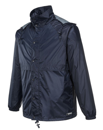 A navy blue, **HUSKI STRATUS RAIN JACKET Waterproof Workwear Concealed Hood Windproof Packable**. It features a front zipper partially covered by a snap-buttoned flap and elastic cuffs on the sleeves. The interior is lined with light gray fabric, and the brand "MARMOT" is visible on the chest.