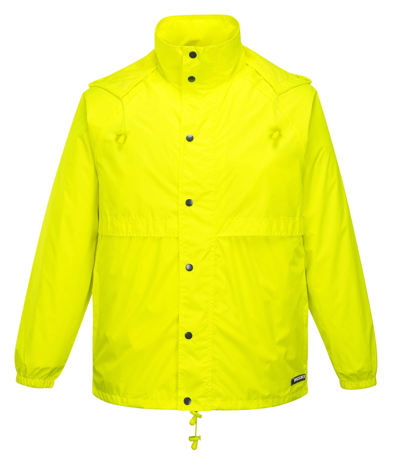 A bright yellow, wind-resistant HUSKI STRATUS RAIN JACKET Waterproof Workwear Concealed Hood Windproof Packable - Yellow Fluro - 3XL with a high collar and adjustable hood, featuring a front zipper and snap button closure. The jacket has elastic cuffs and a drawstring hem for a snug fit, making it the perfect waterproof companion.