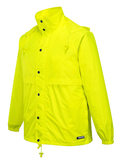 A bright yellow, wind-resistant HUSKI STRATUS RAIN JACKET Waterproof Workwear Concealed Hood Windproof Packable - Yellow Fluro - 3XL with a high collar and adjustable hood, featuring a front zipper and snap button closure. The jacket has elastic cuffs and a drawstring hem for a snug fit, making it the perfect waterproof companion.