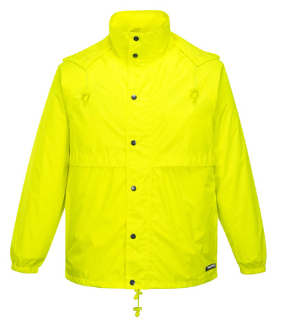 A bright yellow rain jacket with a high collar and button snap closures. The packable jacket features elastic cuffs, a drawstring hem, and two flap-covered chest pockets. The material is waterproof and has a slightly shiny texture.

HUSKI STRATUS RAIN JACKET Waterproof Workwear Concealed Hood Windproof Packable - Yellow Fluro - 4XL