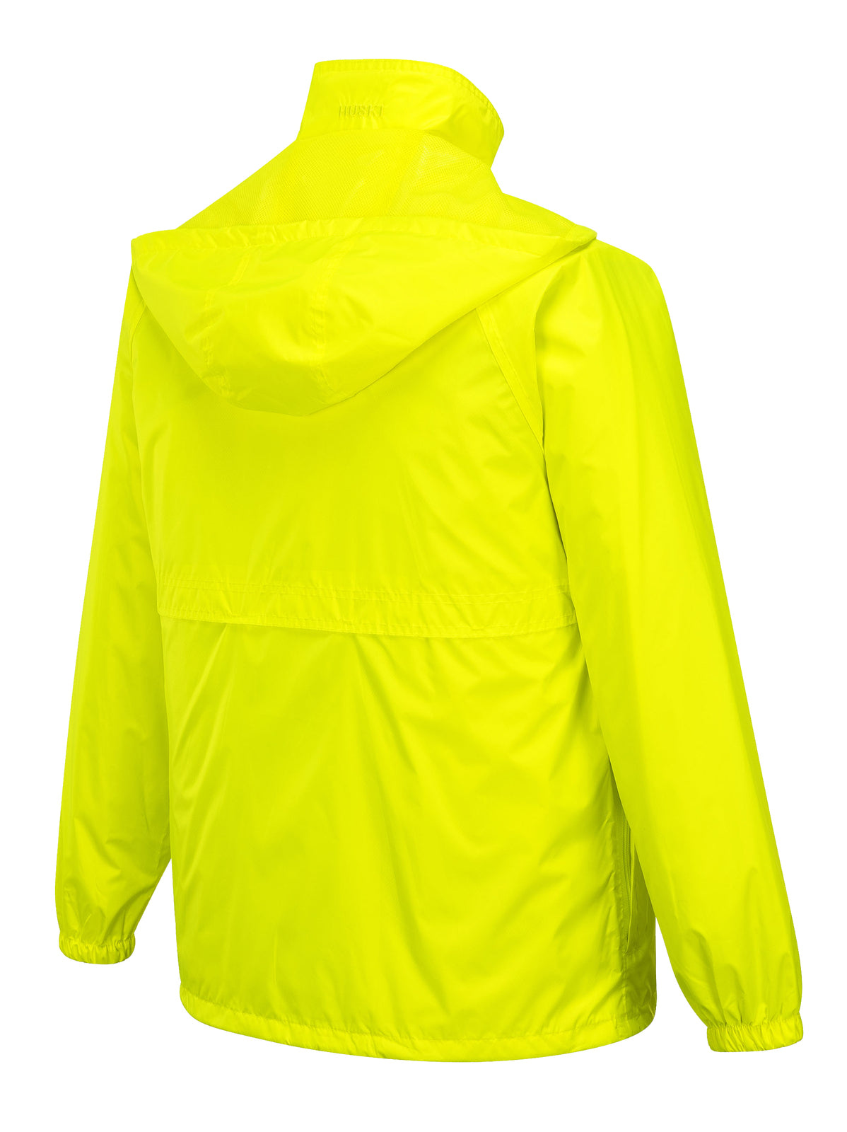 A bright yellow rain jacket with a high collar and button snap closures. The packable jacket features elastic cuffs, a drawstring hem, and two flap-covered chest pockets. The material is waterproof and has a slightly shiny texture.

HUSKI STRATUS RAIN JACKET Waterproof Workwear Concealed Hood Windproof Packable - Yellow Fluro - 4XL