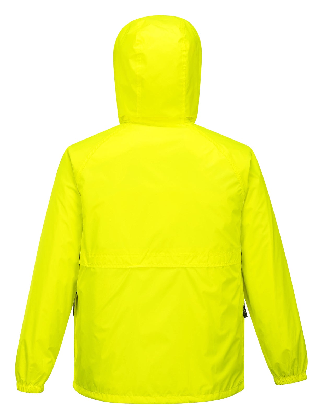 Bright yellow HUSKI STRATUS RAIN JACKET Waterproof Workwear Concealed Hood Windproof Packable - Yellow Fluro - XL with long sleeves, a high collar, and a front button closure. The waterproof jacket features adjustable drawstrings at the hem and hood. It also has a small black logo patch near the hem and is easily packable for convenience.