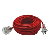 A coiled red Wurth 10 Meter Extension Lead Cable Cord with 1 Outlet features a three-pronged AU/NZ plug on one end and a clear socket on the other. The cord is neatly wound in a circular manner, showcasing the detailed construction of the visible plug and socket.