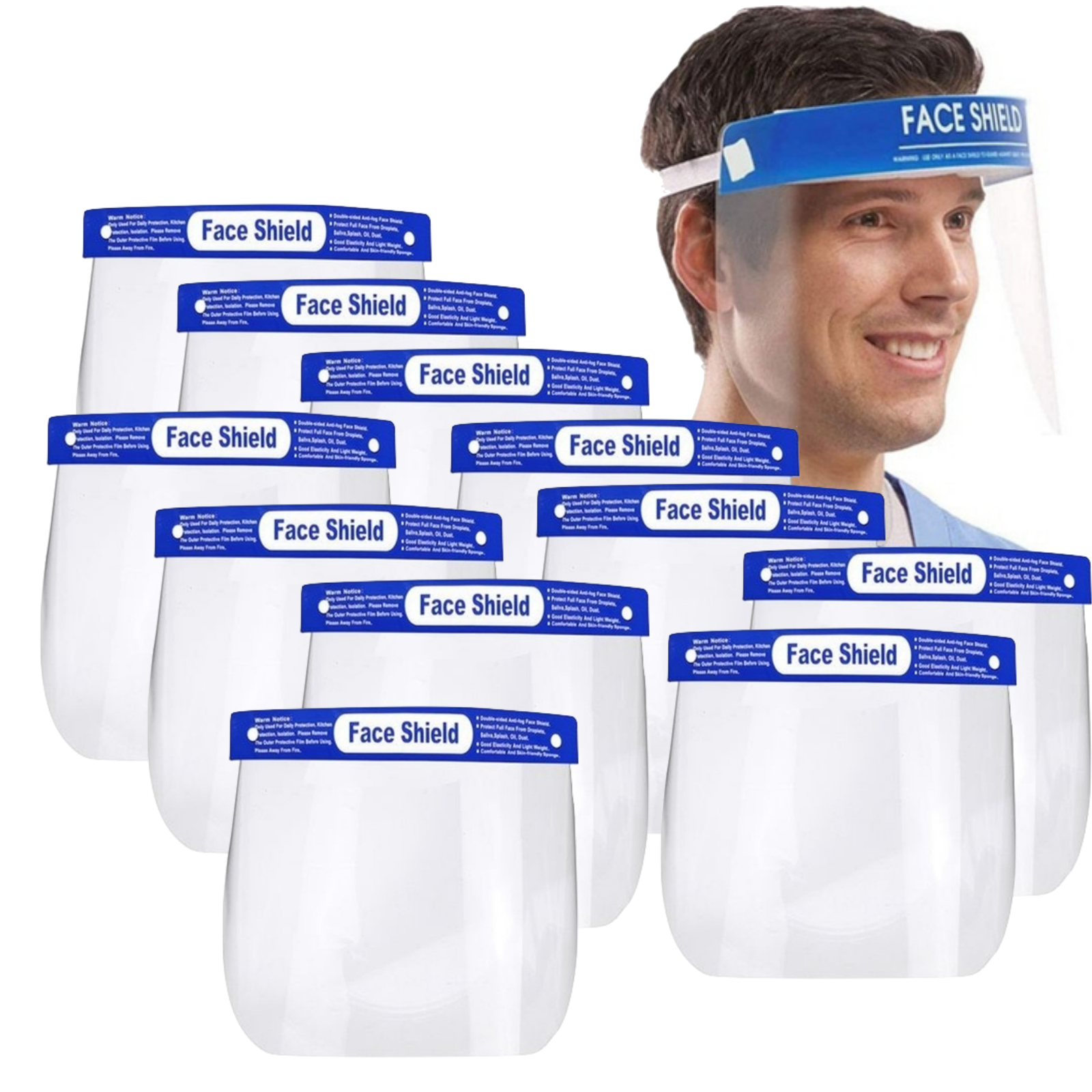 A man wearing a 12x Safety Full Face Shield Clear Glasses Anti-Fog Eye Protector Shop Dental smiles at the camera. In front of him, multiple 12x Safety Full Face Shield Clear Glasses Anti-Fog Eye Protector Shop Dental are arranged in rows. Each shield, made from durable materials, has a blue band labeled "Face Shield" at the top with protective clear visors.