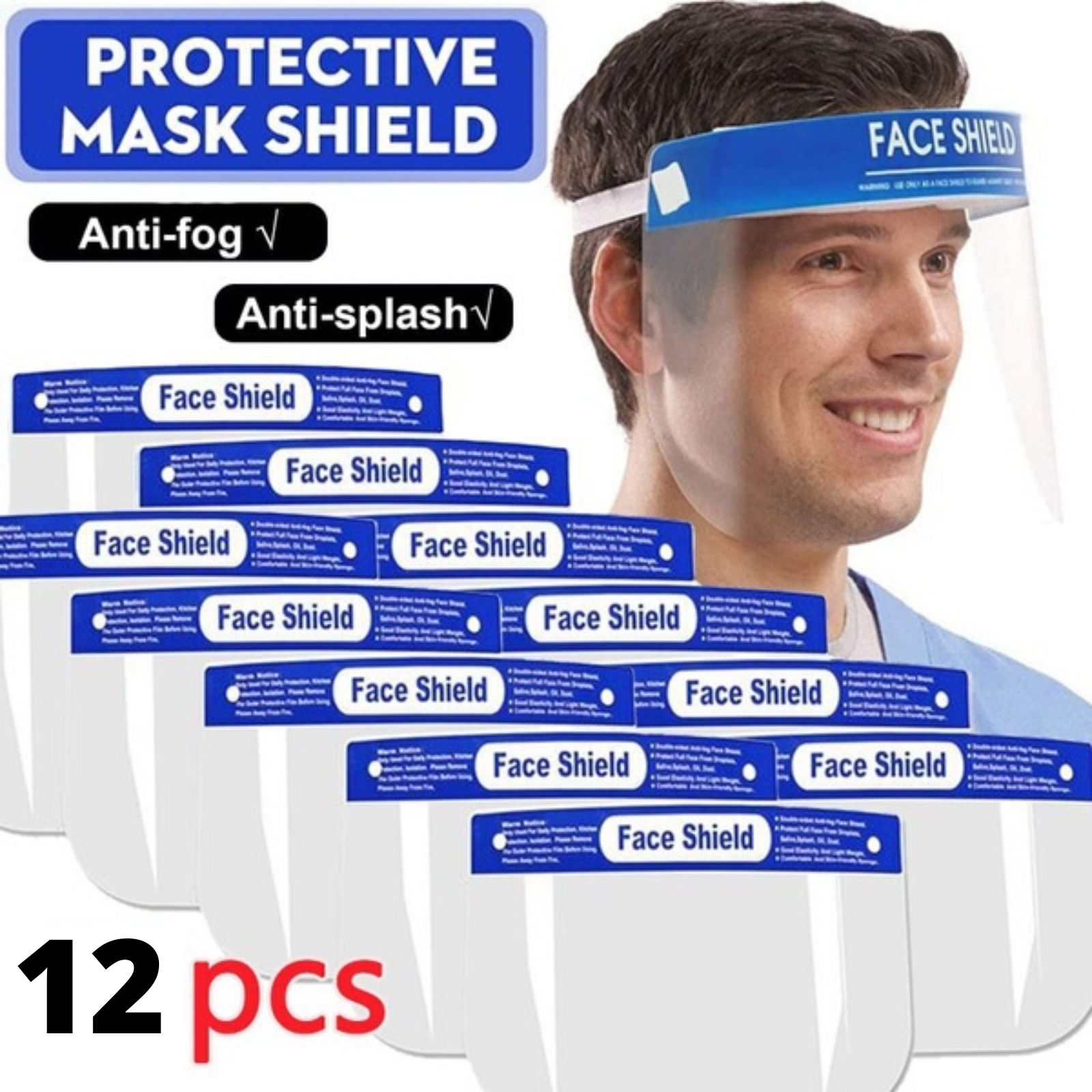 A man wearing a 12x Safety Full Face Shield Clear Glasses Anti-Fog Eye Protector Shop Dental smiles at the camera. In front of him, multiple 12x Safety Full Face Shield Clear Glasses Anti-Fog Eye Protector Shop Dental are arranged in rows. Each shield, made from durable materials, has a blue band labeled "Face Shield" at the top with protective clear visors.