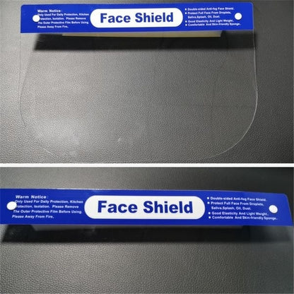 A man wearing a 12x Safety Full Face Shield Clear Glasses Anti-Fog Eye Protector Shop Dental smiles at the camera. In front of him, multiple 12x Safety Full Face Shield Clear Glasses Anti-Fog Eye Protector Shop Dental are arranged in rows. Each shield, made from durable materials, has a blue band labeled "Face Shield" at the top with protective clear visors.