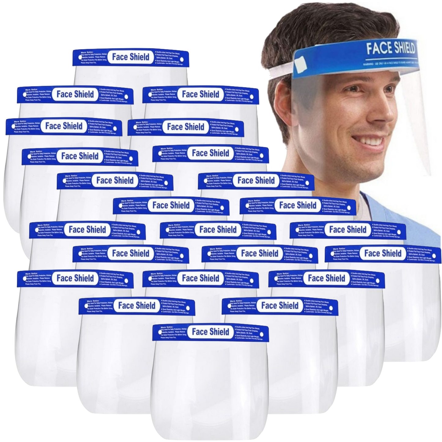 A smiling person wearing a face shield is pictured in the top right corner. Below and to the left of them, there are multiple face shields stacked and displayed with a blue band labeled "24x Safety Full Face Shield Clear Glasses Anti-Fog Eye Protector Shop Dental," showcasing their ergonomic design and anti-fog film for added comfort and clarity.