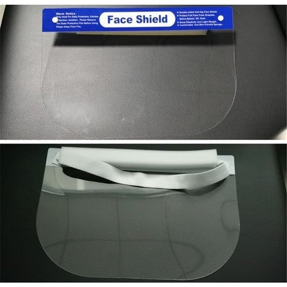 A mannequin head wears a blue surgical mask and a clear face shield with "Face Shield" written on the forehead band. The face shield, made from durable materials, features an anti-fog PET film. A red circular label with white text in the bottom left corner reads "3x Safety Full Face Shield Clear Glasses Anti-Fog Eye Protector Shop Dental," promoting a pack of three face shields.