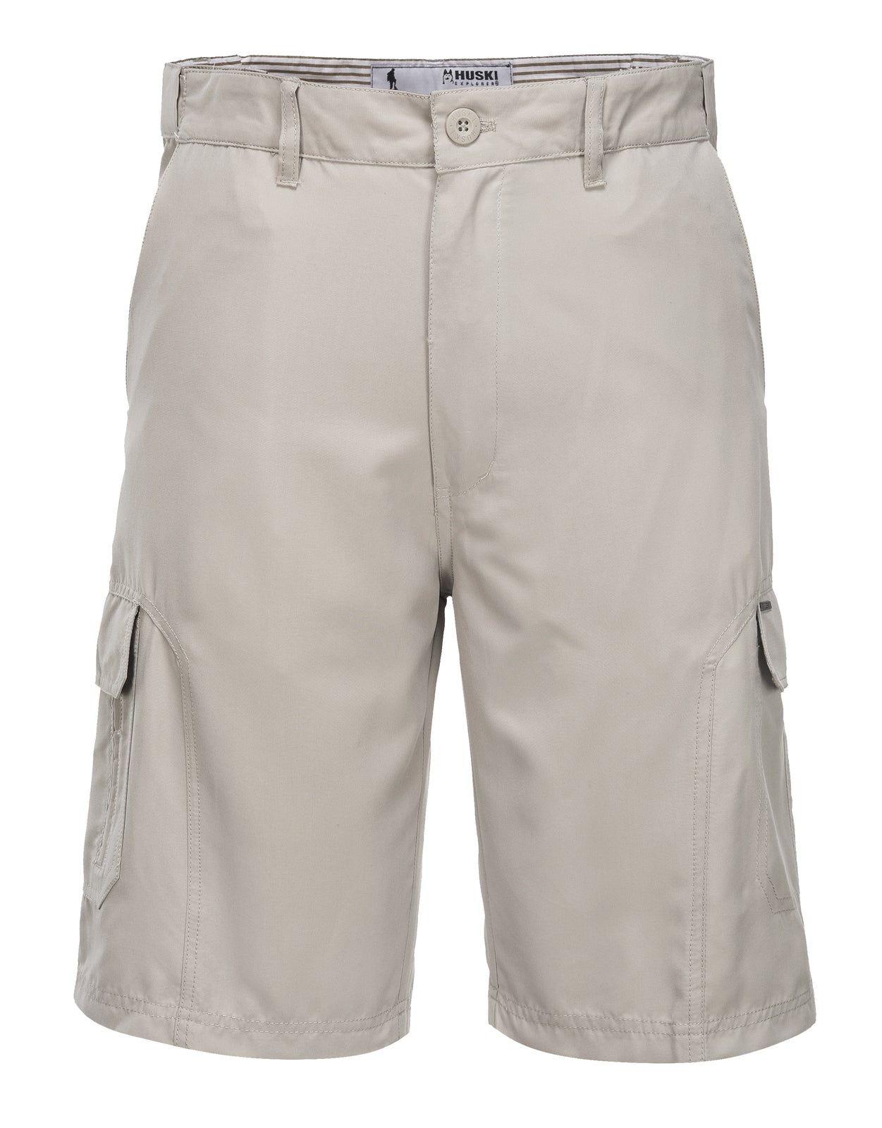 A pair of HUSKI Cargo Shorts Mens Cascade Microfibre Flexi Fit Short Army Military 515206 in Bone with a 4XL (112cm Waist) size, neatly displayed against a white background. These light beige, quick-dry polyester microfibre cargo shorts feature multiple side pockets and belt loops and have a button and zipper closure at the front.