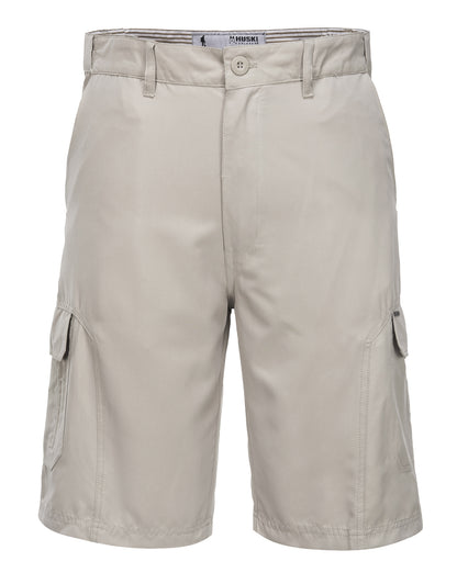 A pair of HUSKI Cargo Shorts Mens Cascade Microfibre Flexi Fit Short Army Military 515206 in Bone with a 4XL (112cm Waist) size, neatly displayed against a white background. These light beige, quick-dry polyester microfibre cargo shorts feature multiple side pockets and belt loops and have a button and zipper closure at the front.