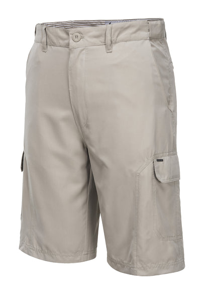 A pair of HUSKI Cargo Shorts Mens Cascade Microfibre Flexi Fit Short Army Military 515206 in Bone with a 4XL (112cm Waist) size, neatly displayed against a white background. These light beige, quick-dry polyester microfibre cargo shorts feature multiple side pockets and belt loops and have a button and zipper closure at the front.