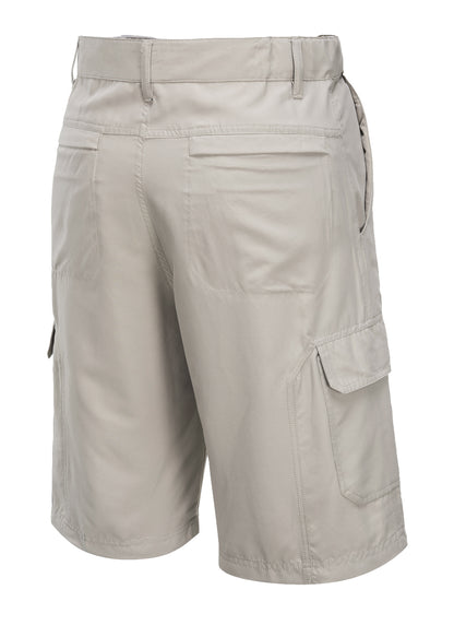 A pair of HUSKI Cargo Shorts Mens Cascade Microfibre Flexi Fit Short Army Military 515206 in Bone with a 4XL (112cm Waist) size, neatly displayed against a white background. These light beige, quick-dry polyester microfibre cargo shorts feature multiple side pockets and belt loops and have a button and zipper closure at the front.