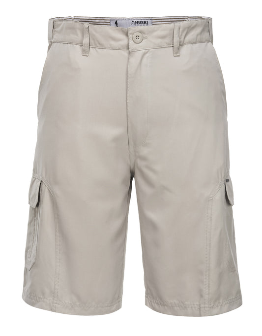 A pair of light beige cargo shorts displayed against a white background. These quick-dry polyester microfibre shorts have a button and zipper closure, multiple pockets including two large side pockets, and belt loops. The fabric appears to be lightweight and suitable for casual wear.